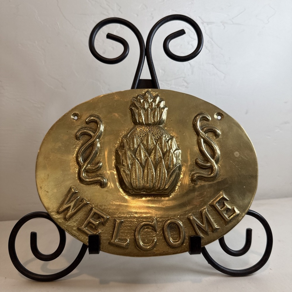 Vintage Solid Brass Welcome Sign Oval Embossed Pineapple Entryway Wall Plaque